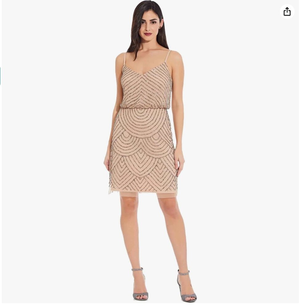 Adrianna Papell Sequin Blouson Dress In Taupe Pink Size 2